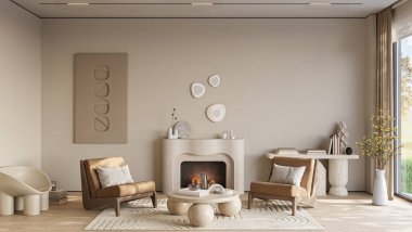 Ilık, parlak duvarları ve ahşap döşemeleri olan, rahat bir oturma odasında şömine.  