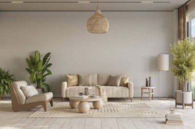 Açık renkli, ahşap döşemeli, rahat bir ev. Duvar maketi, 3D görüntüleme 