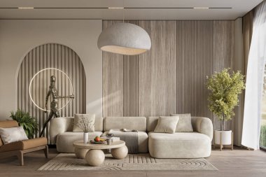 Işıl ışıl pastel renklerde, ahşap duvar panelleri ve kemerli ev içi.   