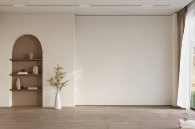 Işıl ışıl pastel renklerde, sert ahşap döşemeli ve kemerli duvarlı, 3 boyutlu bir ev.