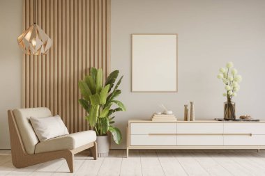 Beyaz duvar arka planında büfe ve dekor olan bir ev. Duvar maketi, 3D oluşturma