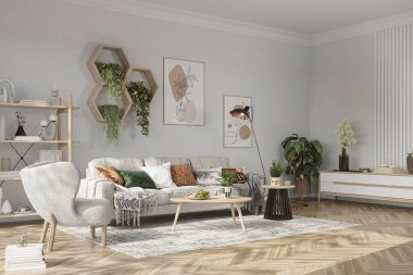 Beyaz duvar arka planında altıgen rafları olan ev içi, 3d oluşturma