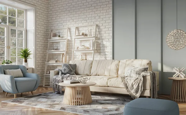 Fényes Nappali Belső Nyírfalakkal Kényelmes Bútorokkal Render — Stock Fotó