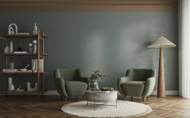 Oturma odasının içi zarif koyu yeşil duvarlar ve çağdaş mobilyalar ile süslenmiş, konfor ve zarafetin ahenkli karışımı, 3D sunum 