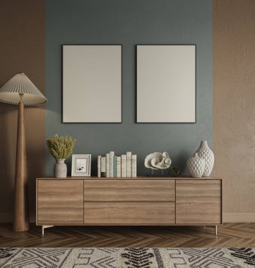 Oturma odasının içi zarif koyu yeşil duvarlar ve çağdaş mobilyalar ile süslenmiş, konfor ve zarafetin ahenkli karışımı, 3D sunum 