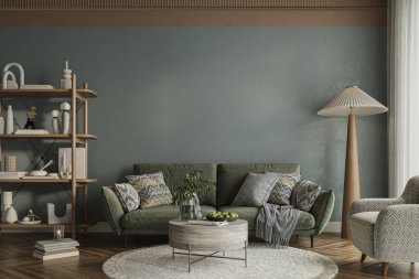 Oturma odasının içi zarif koyu yeşil duvarlar ve çağdaş mobilyalar ile süslenmiş, konfor ve zarafetin ahenkli karışımı, 3D sunum 