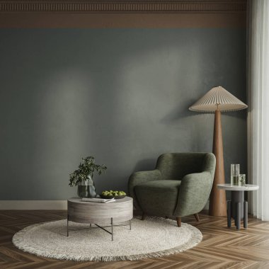 Oturma odasının içi zarif koyu yeşil duvarlar ve çağdaş mobilyalar ile süslenmiş, konfor ve zarafetin ahenkli karışımı, 3D sunum 