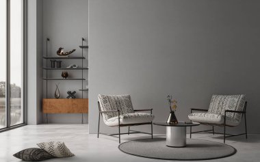 Gri boş duvarları ve beton zemini olan oturma odasının modern iç tasarımı. Güzel dekorasyon. Model al, 3D görüntüleme 