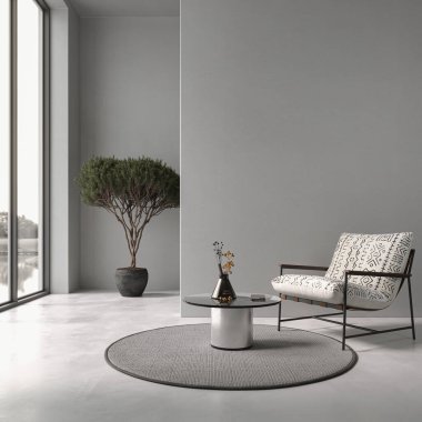 Gri boş duvarları ve beton zemini olan oturma odasının modern iç tasarımı. Güzel dekorasyon. Model al, 3D görüntüleme 