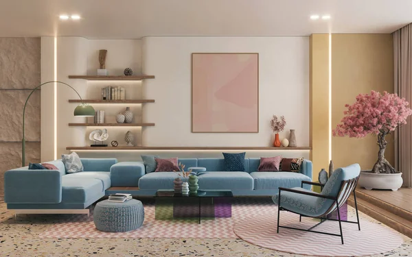 Diseños Interiores Coloridos Vibrantes Sala Estar Adornada Con Muebles Acogedores —  Fotos de Stock