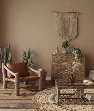 Kahverengi kil duvar zemininde wabi sabi tarzı iç tasarım, 3D görüntüleme  