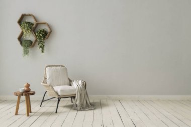 Hasır koltuk ve kırsal dekorlu minimalist iç tasarım. Oturma odasının maketi, 3 boyutlu. 