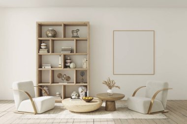 Oturma odasının modern iç tasarımı yumuşak nötr tonlarda. İç modelleme, 3D canlandırma