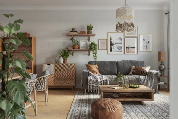 Scandinavian Interior Modern Apartment Trendy Wood Furniture Poster Frames Ethnic — Stock Photo, Image