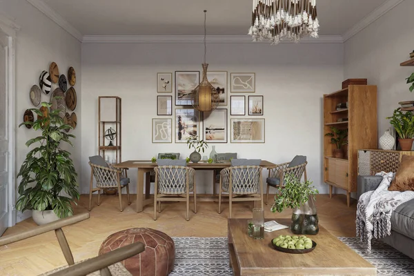 Scandinavian Interior Modern Apartment Trendy Wood Furniture Poster Frames Ethnic — Stock Photo, Image