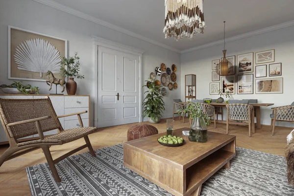 Skandynawskie Wnętrze Nowoczesnego Mieszkania Modnymi Drewnianymi Meblami Ramami Plakatów Etnicznym — Zdjęcie stockowe