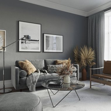 Karanlık oturma odası içi, gri duvar, ahşap döşeme, rahat mobilyalar, kanepe, koltuk. Model konsepti, 3D görüntüleme