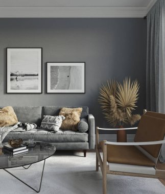 Karanlık oturma odası içi, gri duvar, ahşap döşeme, rahat mobilyalar, kanepe, koltuk. Model konsepti, 3D görüntüleme