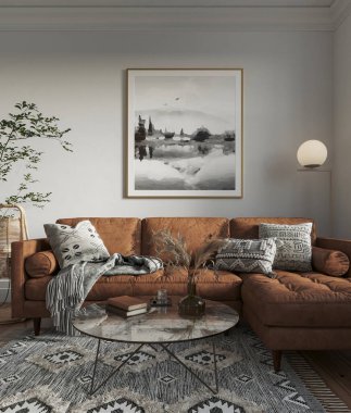 Gri duvarları, rahat mobilyaları, deri koltuğu, koltuğu, ahşap döşemeleri olan karanlık İskandinav oturma odasının içi. Model konsepti, 3D görüntüleme