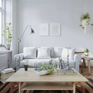 Oturma odasının camları, beyaz duvarları, ahşap döşemeleri, rahat mobilyaları ve güzel dekorları olan İskandinav iç tasarımı.