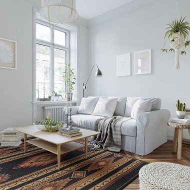 Oturma odasının camları, beyaz duvarları, ahşap döşemeleri, rahat mobilyaları ve güzel dekorları olan İskandinav iç tasarımı.