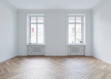 Pencereleri, beyaz duvarları ve ahşap döşemeleri olan boş oturma odası iç tasarımı, 3D