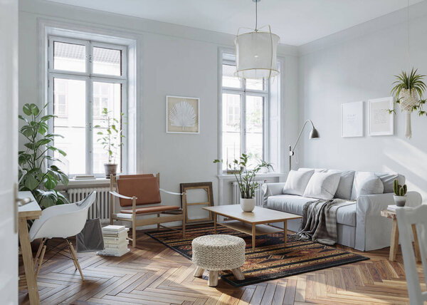 Scandinavian interior design of the living room with windows, white walls, hardwood flooring, cozy furniture and beautiful decor, 3d rendering
