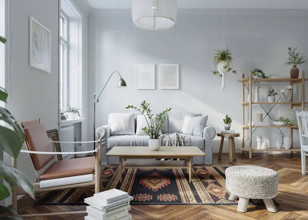 Design Interiores Escandinavos Sala Estar Com Janelas Paredes Brancas Piso — Fotografia de Stock