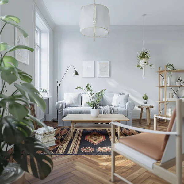 Scandinavian Interior Design Living Room Windows White Walls Hardwood Flooring — Stock Photo, Image