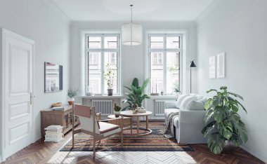 Oturma odasının camları, beyaz duvarları, ahşap döşemeleri, rahat mobilyaları ve güzel dekorları olan İskandinav iç tasarımı.