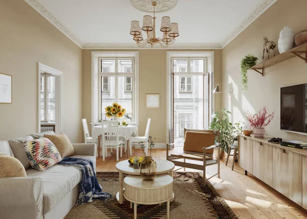Scandinavian interior design of the living room in soft neutral tones with windows, beige walls, hardwood flooring, cozy furniture and beautiful decor, 3d rendering