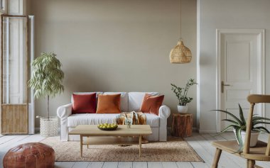 Açık renkli, ahşap döşemeli, rahat bir ev. Duvar maketi, 3d renderin