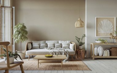 Açık renkli, ahşap döşemeli, rahat bir ev. Duvar maketi, 3d renderin