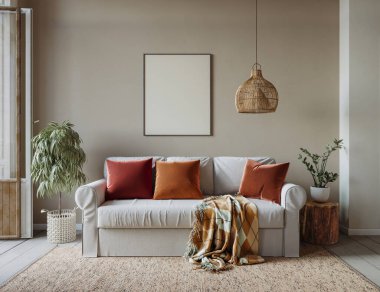 Açık renkli, ahşap döşemeli, rahat bir ev. Duvar maketi, 3d renderin