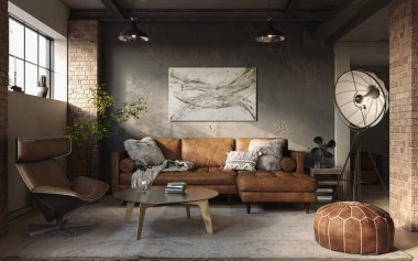 İç dekorasyonun karanlık endüstriyel stili grunge duvarlar ve tuğla sütunlar, tavan arası tarzı, 3D çizim