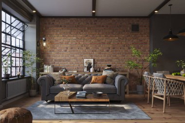 Endüstriyel tuğla oturma odası iç tasarımı. Modern mobilyaları ve ahşap döşemeleri olan bir daire. 