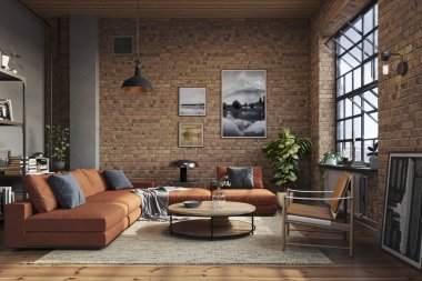 Endüstriyel tuğla oturma odası iç tasarımı. Modern mobilyaları ve ahşap döşemeleri olan bir daire. 
