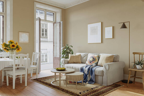 Scandinavian interior design of the living room in soft neutral tones with windows, beige walls, hardwood flooring, cozy furniture and beautiful decor, 3d rendering