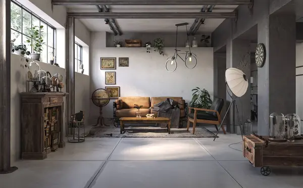Industrial style of interior design with white grunge walls, loft style, 3d render