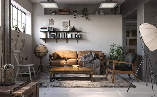 Industrial style of interior design with white grunge walls, loft style, 3d render