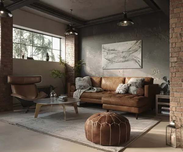 Dark industrial style of interior design with grunge walls and brick pillars, loft style, 3d render