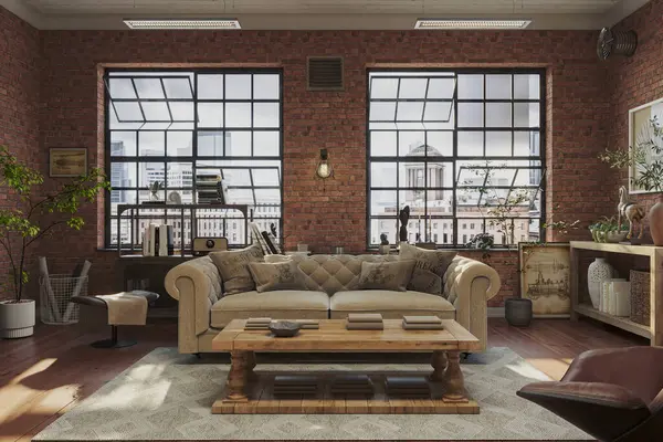Industrial brick living room interior design. Loft Apartment with modern furniture and hardwood flooring, 3d render