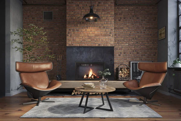 Industrial brick living room interior design. Loft Apartment with fireplace and hardwood flooring, 3d render