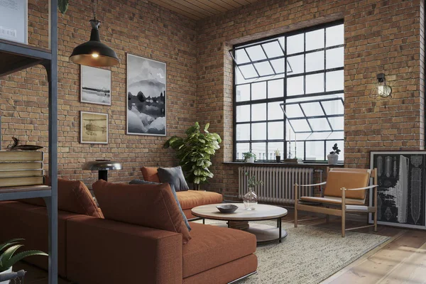 Ipari Tégla Nappali Belső Kialakítás Loft Apartman Modern Bútorokkal Keményfa — Stock Fotó
