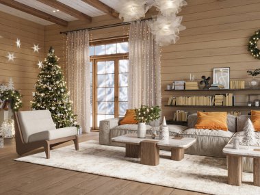 Evin içi bej ahşap duvarlarla kaplı. Noel ağacı ve hediye kutularıyla süslenmiş. Yeni yıl arkaplanı, 3D oluşturma 