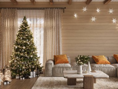 Evin içi bej ahşap duvarlarla kaplı. Noel ağacı ve hediye kutularıyla süslenmiş. Yeni yıl arkaplanı, 3D oluşturma 