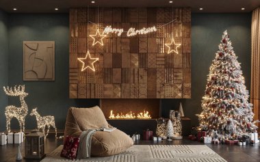 İçinde Noel ağacı, hediye kutuları, ışıklar ve mumlarla süslenmiş bir şömine olan modern oturma odası. Yeni Yıl Kutlaması, 3D canlandırma 
