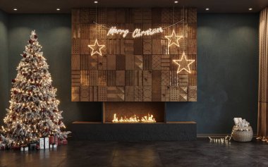 İçinde Noel ağacı, hediye kutuları, ışıklar ve mumlarla süslenmiş bir şömine olan modern oturma odası. Yeni Yıl Kutlaması, 3D canlandırma 
