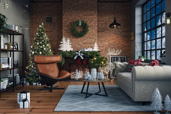 Industrial brick living room interior design with Christmas tree and gift boxes. New Year celebration. Loft Apartment, 3d render