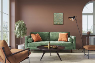 Modern dairenin iç tasarımı pastel renkte, kemer camlı, güzel dekorlu. İç modelleme, 3D canlandırma